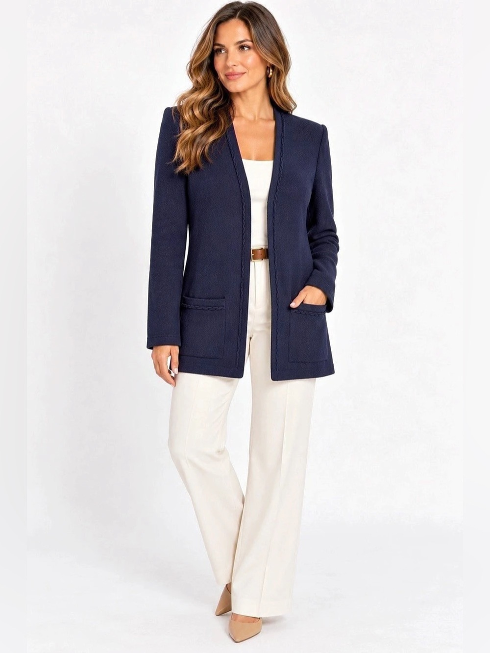 St. John Basics Blue Tight-Knit Open Front V-Neck Cardigan w/ Pockets M